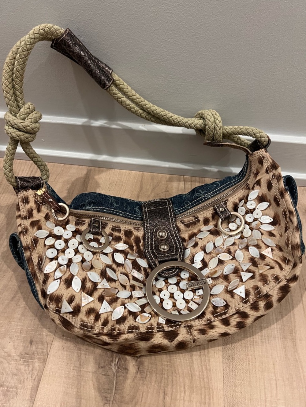 Vintage Y2K Guess Brown Leopard-Print Shoulder Bag Mother of Pearl Embellishment